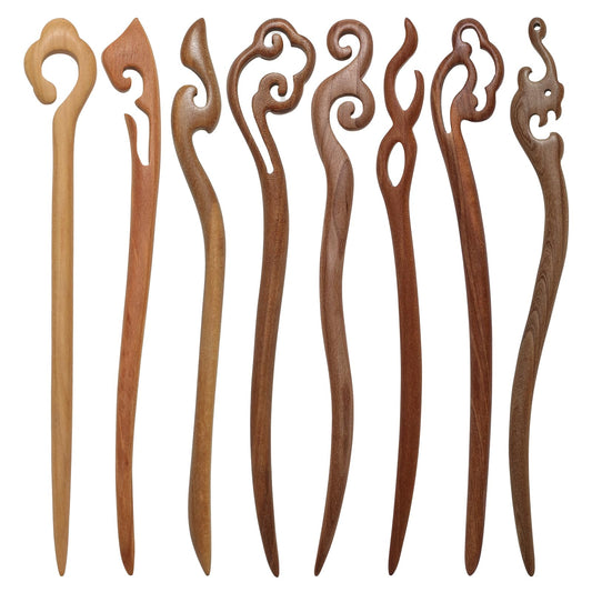 Ngdhkd front view of eight wooden hair sticks showing colors and patterns, stylish variety