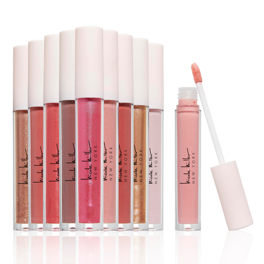 Nicole Miller front packaging showing ten colorful lip glosses and brand elegance
