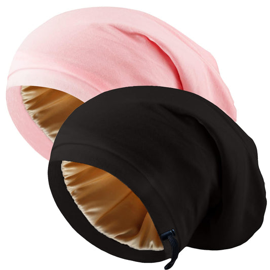 NICPOO bonnet front view showing black and pink caps, protects hair overnight