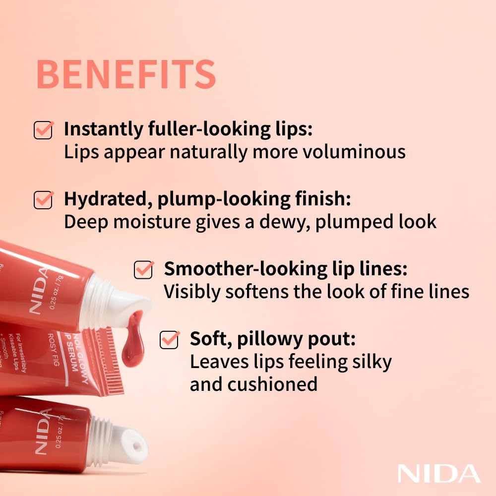 NIDA glossy serum texture close-up highlighting hydrating, dewy finish