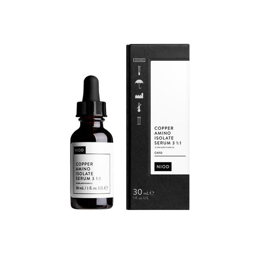 NIOD bottle front view showing label and compact 30ml size for clear identification