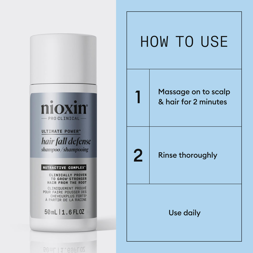 NIOXIN 50mL bottle held in hand showing travel-friendly size