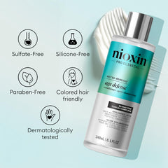 NIOXIN ingredient label closeup showing hyaluronic and niacinamide benefit