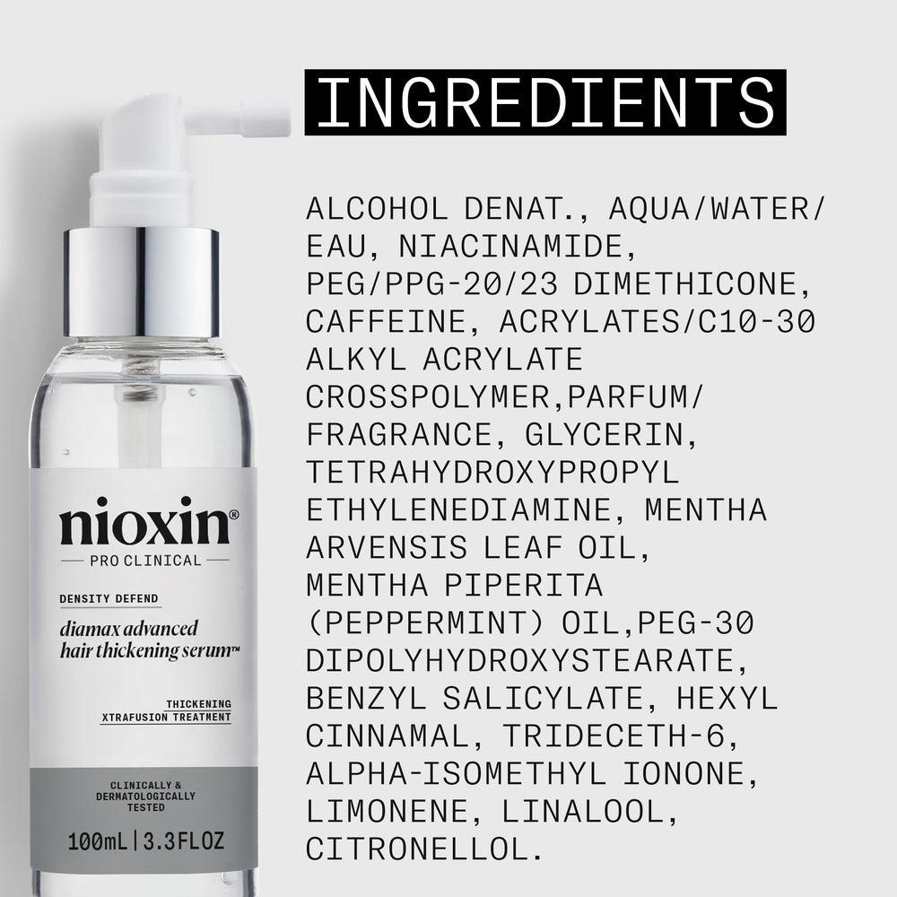 Nioxin Diamax ingredient label showing caffeine and panthenol benefits