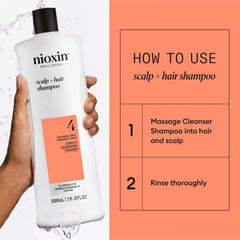 Nioxin bottle next to common items for scale showing 16.9 fl oz size benefit