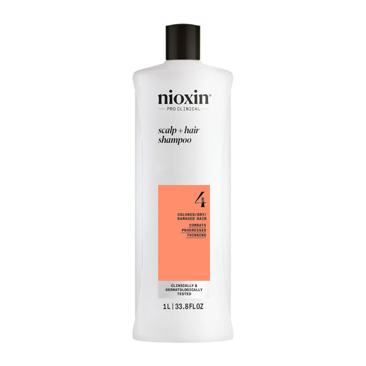 Nioxin System 4 front bottle showing label and benefit of thicker-looking hair
