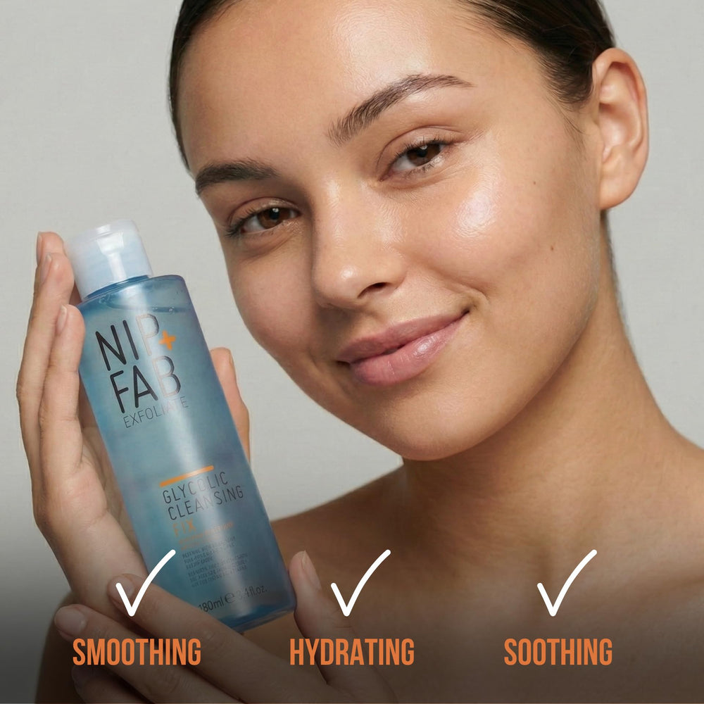 Nip+Fab cleanser staged in bathroom routine highlighting daily use