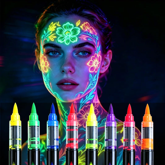 NIUEFH front packaging showing eight neon UV paint pens and quick benefit