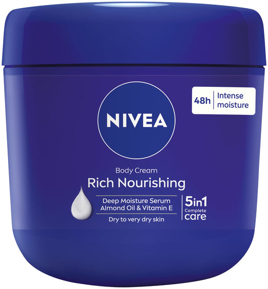NIVEA almond oil 400ml tub front view showing packaging and large size benefit
