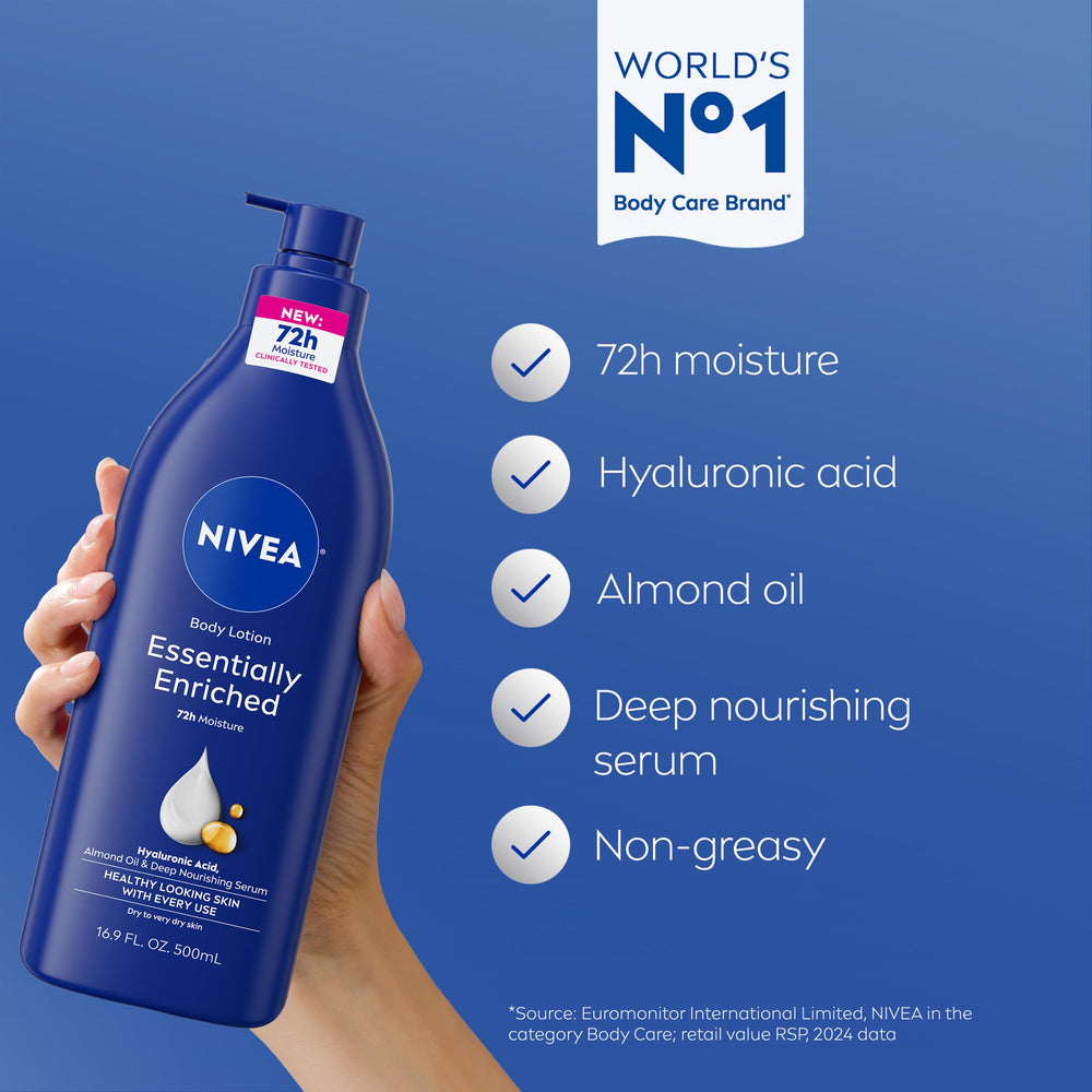 NIVEA ingredients flatlay with almond oil and hyaluronic acid showing nourishing blend