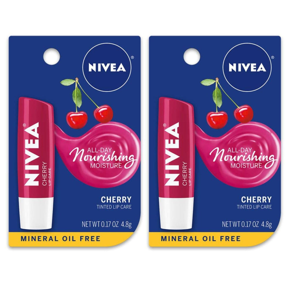NIVEA front packaging showing two cherry shine lip balms and compact size benefit