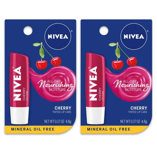NIVEA front packaging showing two cherry shine lip balms and compact size benefit