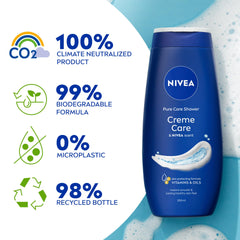 NIVEA bottle in hand under shower stream showing easy application and rinseability