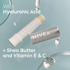 NIVEA lip balm being applied to lips, instant softness benefit