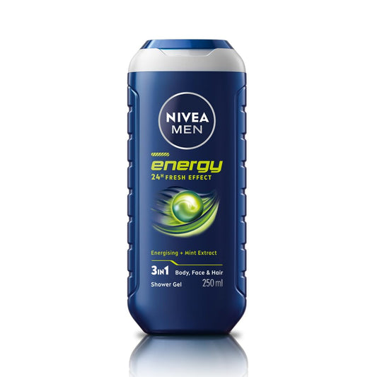 NIVEA front pack showing 250ml bottle and energising label benefits