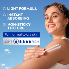 NIVEA bottle pump closeup demonstrating easy dispensing and mess-free use