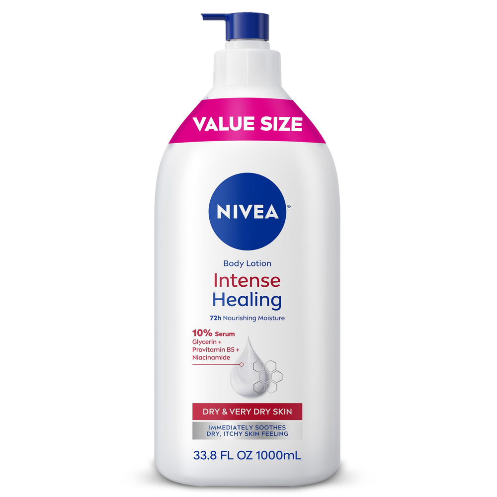 NIVEA pump bottle front view showing value size and easy dispensing benefit