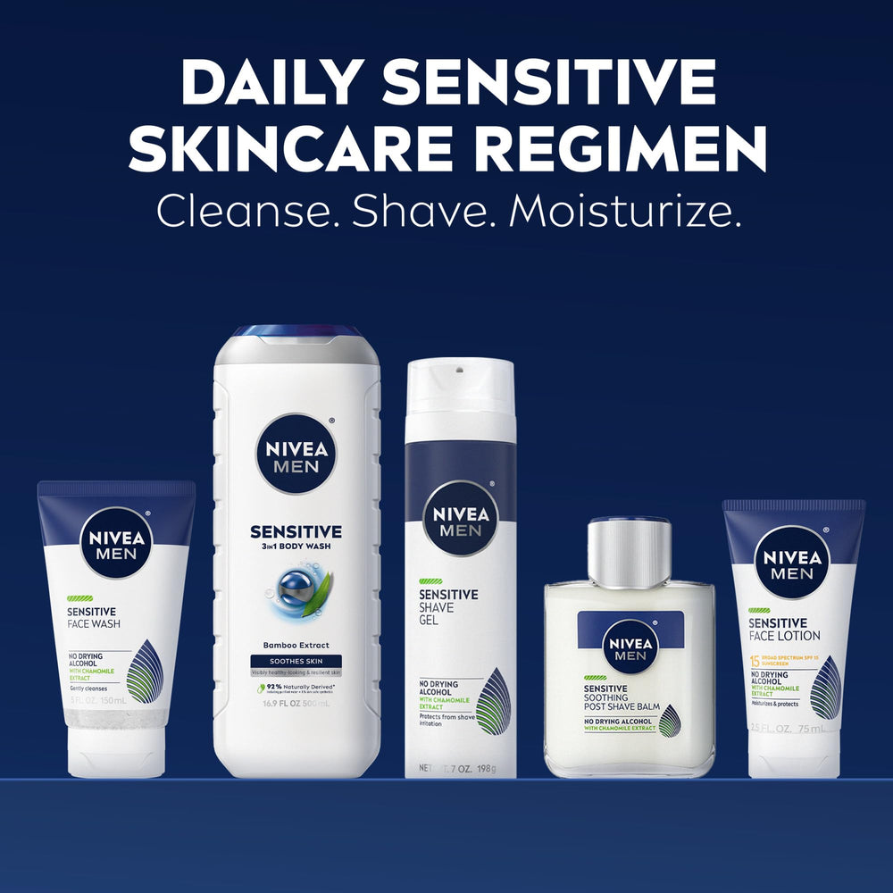 NIVEA MEN body wash pouring from bottle with nourishing bamboo and almond oil