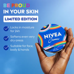 NIVEA pride tin open showing thick creme inside for concentrated moisture