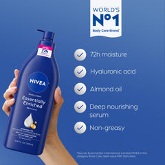 NIVEA lotion being dispensed on hand for quick application benefit