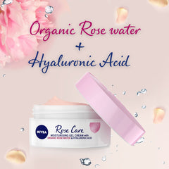 NIVEA label close-up revealing rose water and hyaluron ingredients benefit