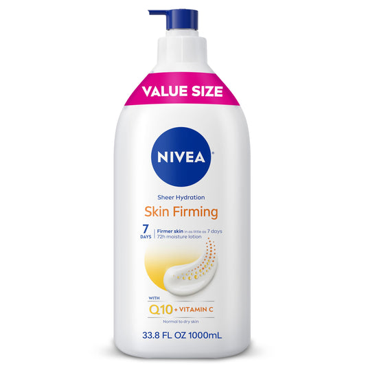 NIVEA front pump bottle showing large 33.8 oz size and easy dispensing benefit