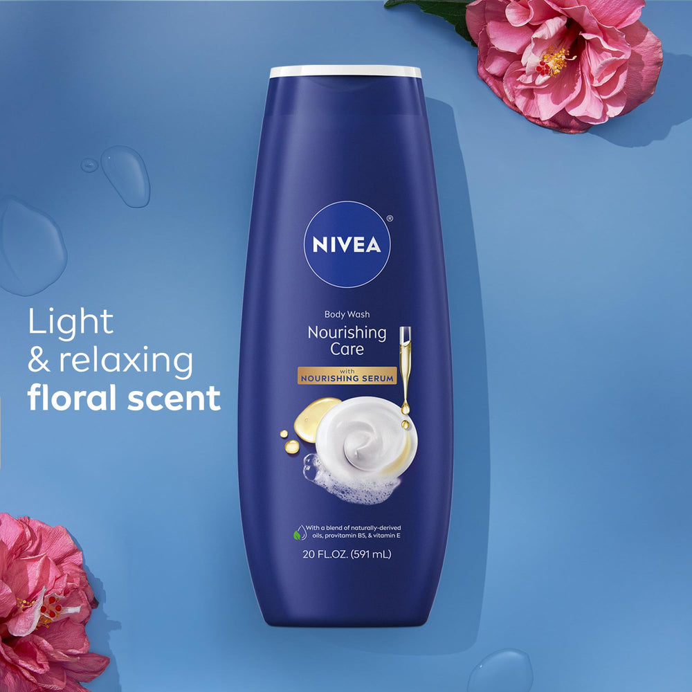 NIVEA 20 fl oz bottle beside everyday items to show true size
