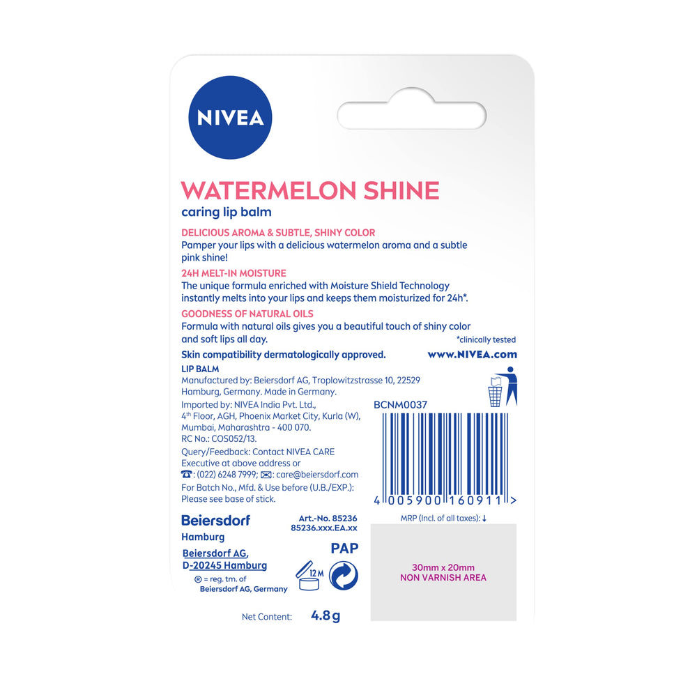 NIVEA watermelon cap and label focus showing ingredient callouts and trust