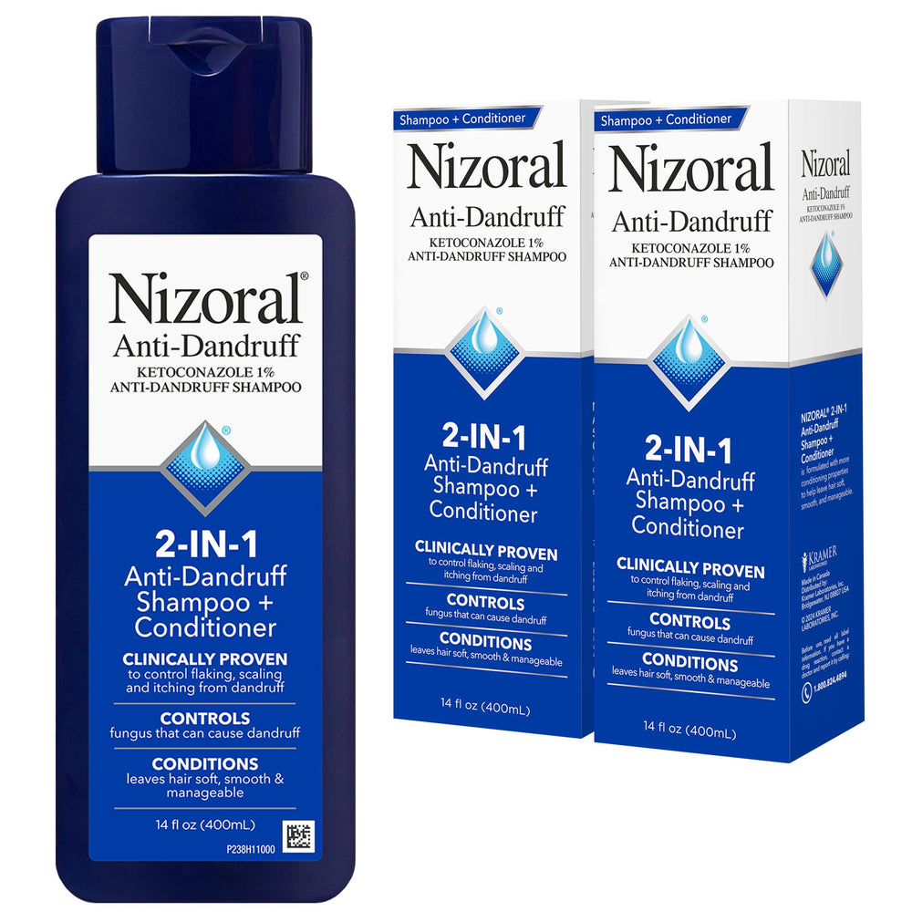Nizoral front packaging showing two 14 fl oz bottles for long-lasting supply and convenience