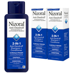 Nizoral front packaging showing two 14 fl oz bottles for long-lasting supply and convenience