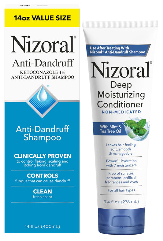 Nizoral front packaging showing bundled shampoo and conditioner for dandruff control