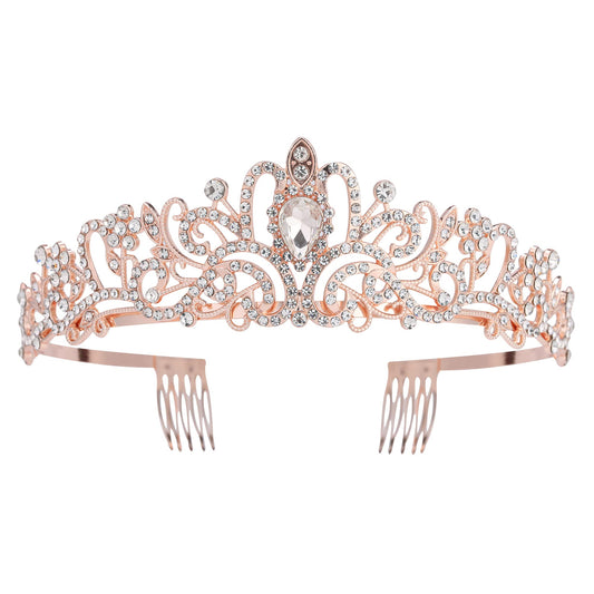 Nljihkure rose gold tiara front view showcasing regal sparkle and wedding-ready effect