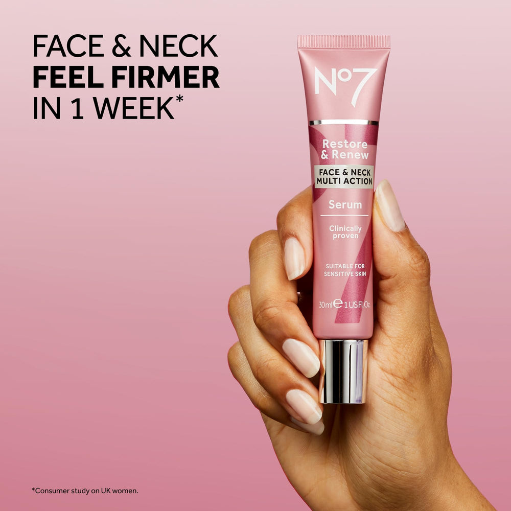 Hand applying No7 serum to neck showing targeted firming benefit