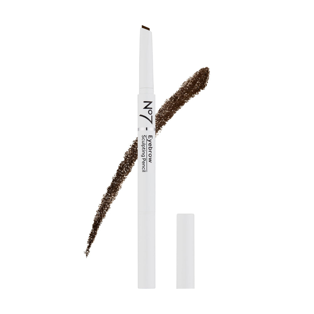 No7 brow pencil front view showing packaging and slim design for travel
