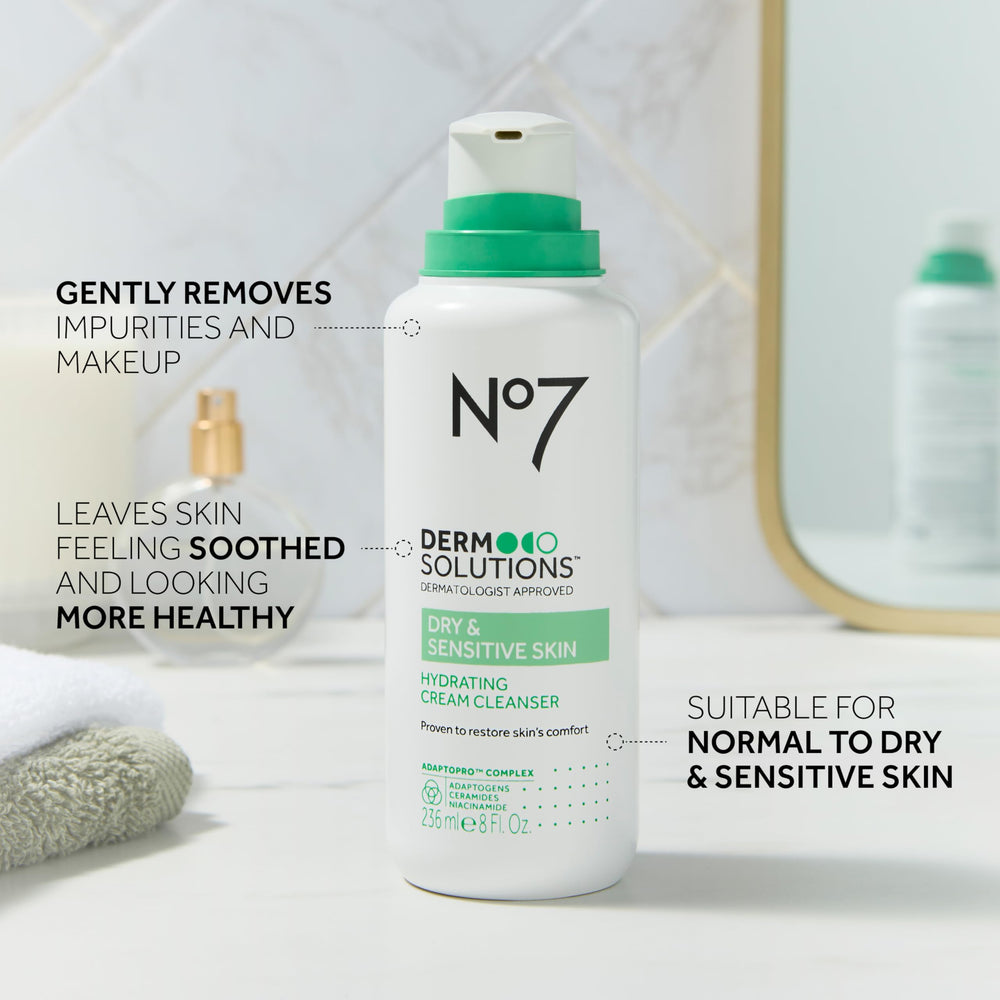 No7 cleanser placed on bathroom shelf in routine setting for daily use