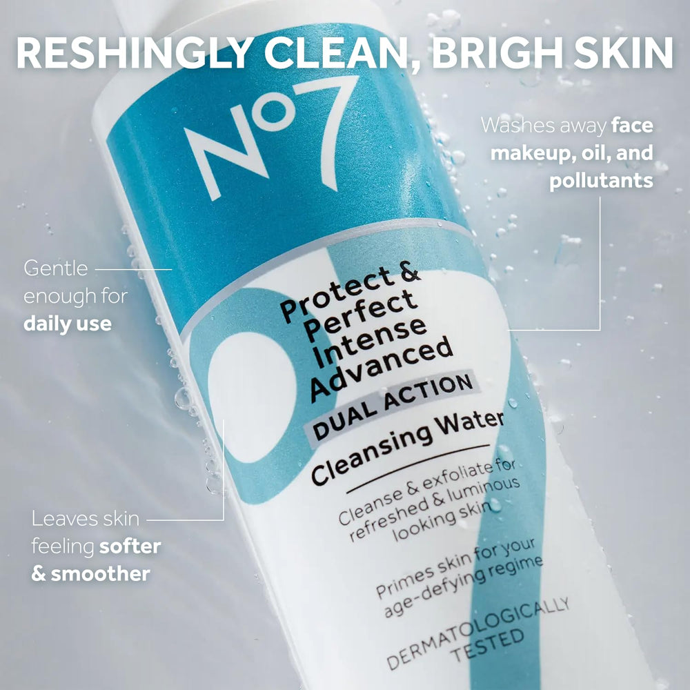 No7 cleansing water pouring texture closeup highlighting hydrating finish