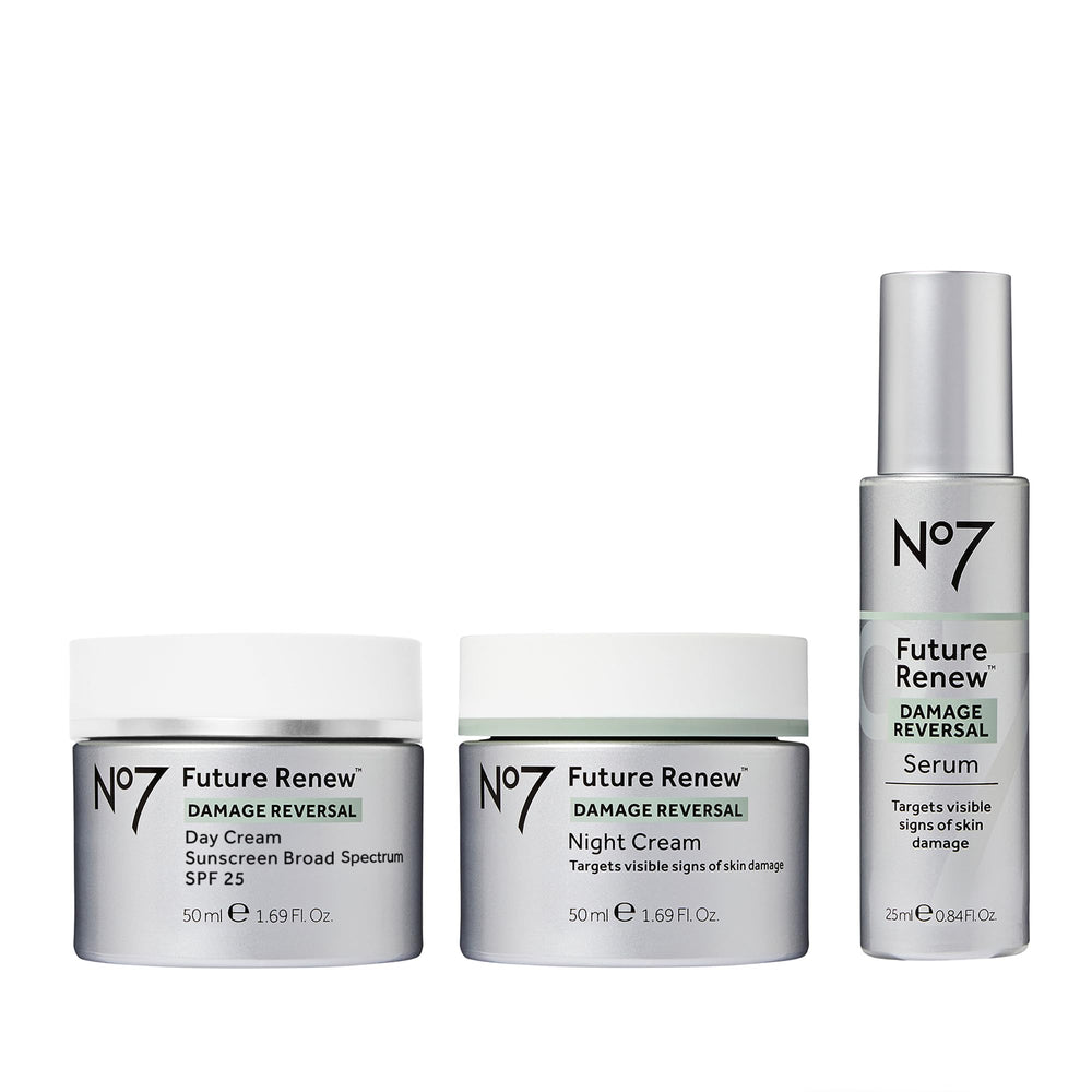 No7 front packaging showing the three-piece set and benefits