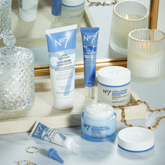 No7 kit staged on bathroom counter conveying easy daily routine