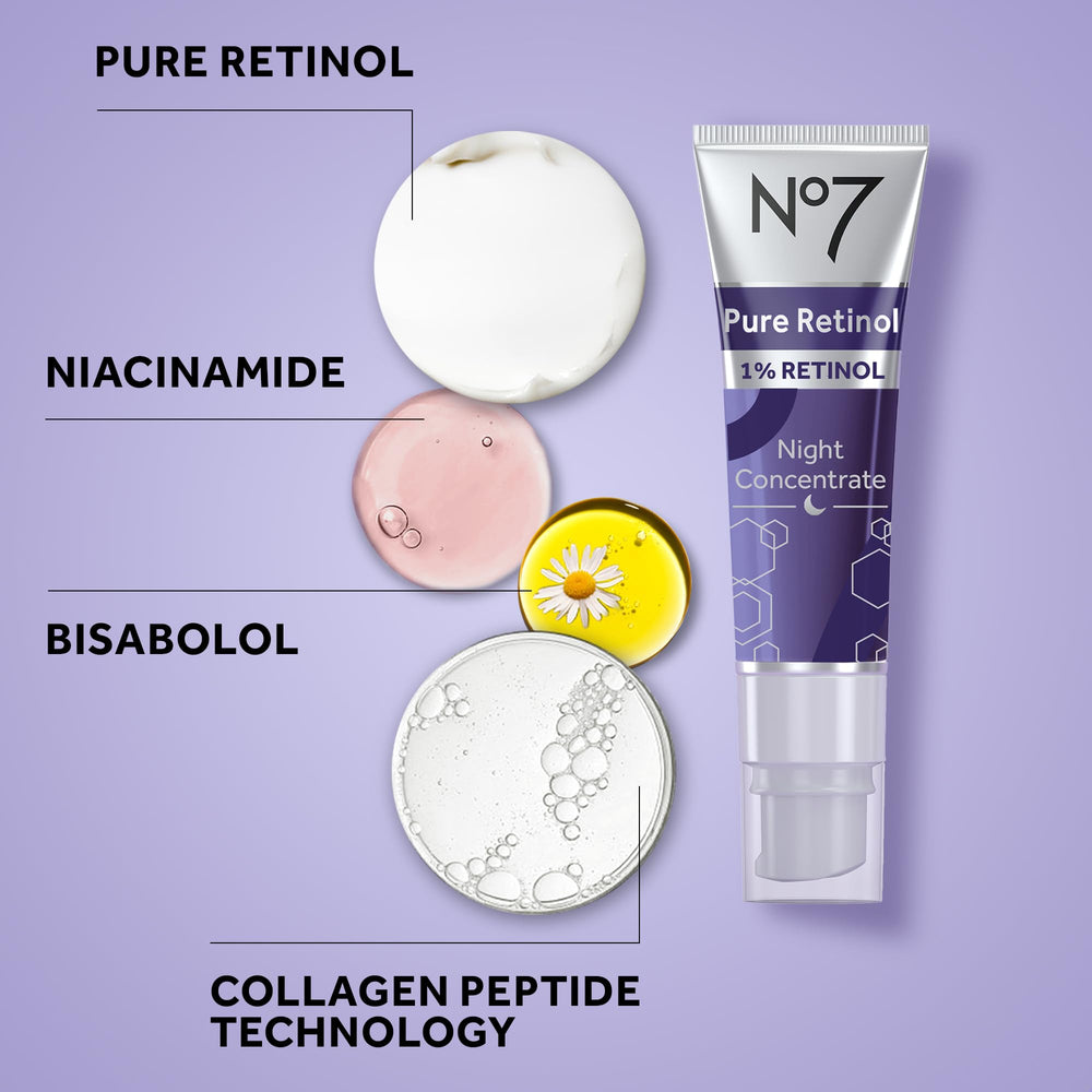 No7 serum staged on bedside table representing evening routine convenience