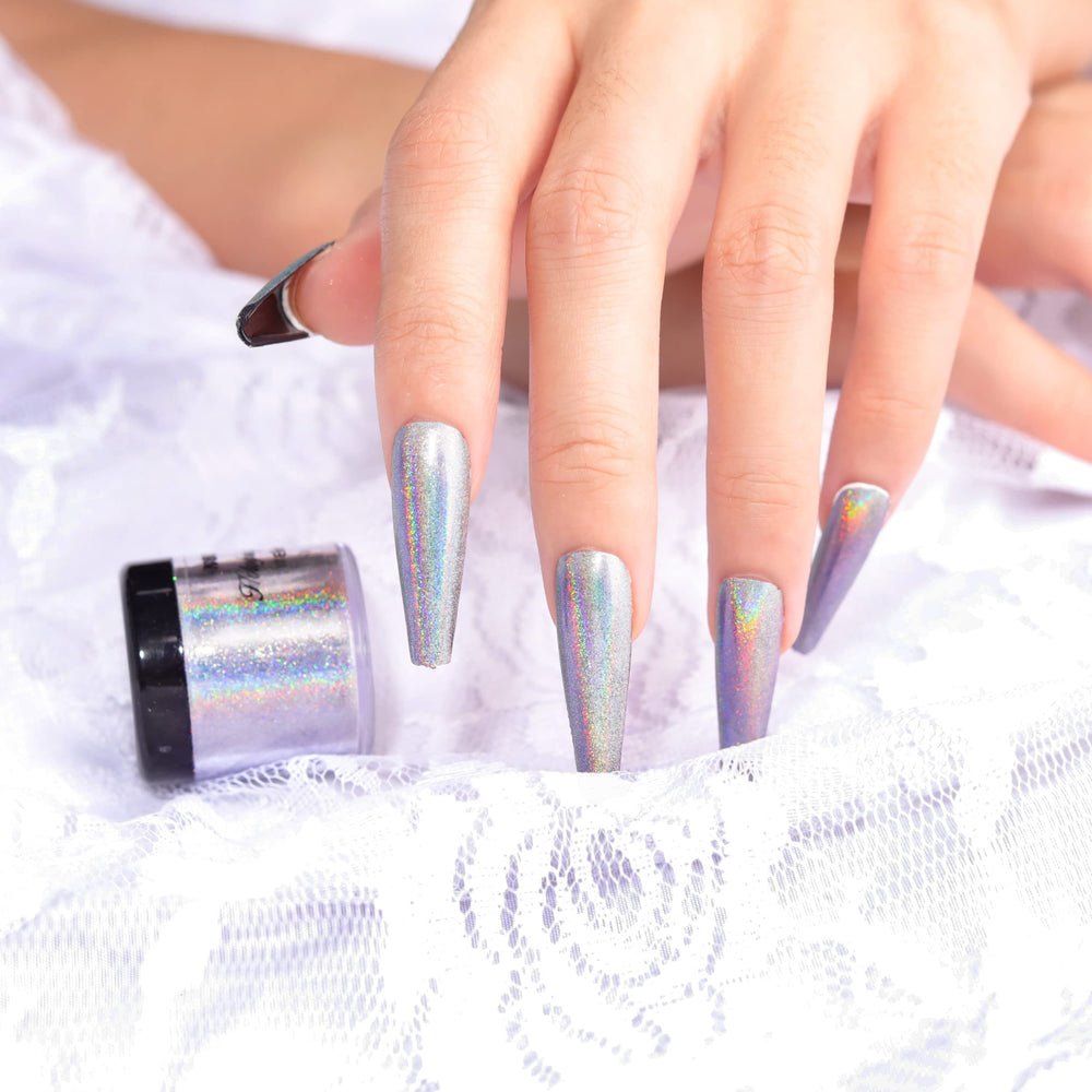 NODDWAY applied on nails showing mirror chrome holo effect for salon-quality shine