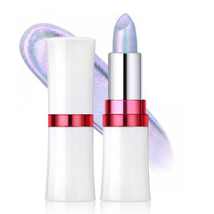 Noerrors front view of chameleon silver pink lipstick showing packaging and shimmer benefit