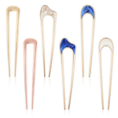 Nogeqi front view of six U pins showing mixed metallic finishes and packaging
