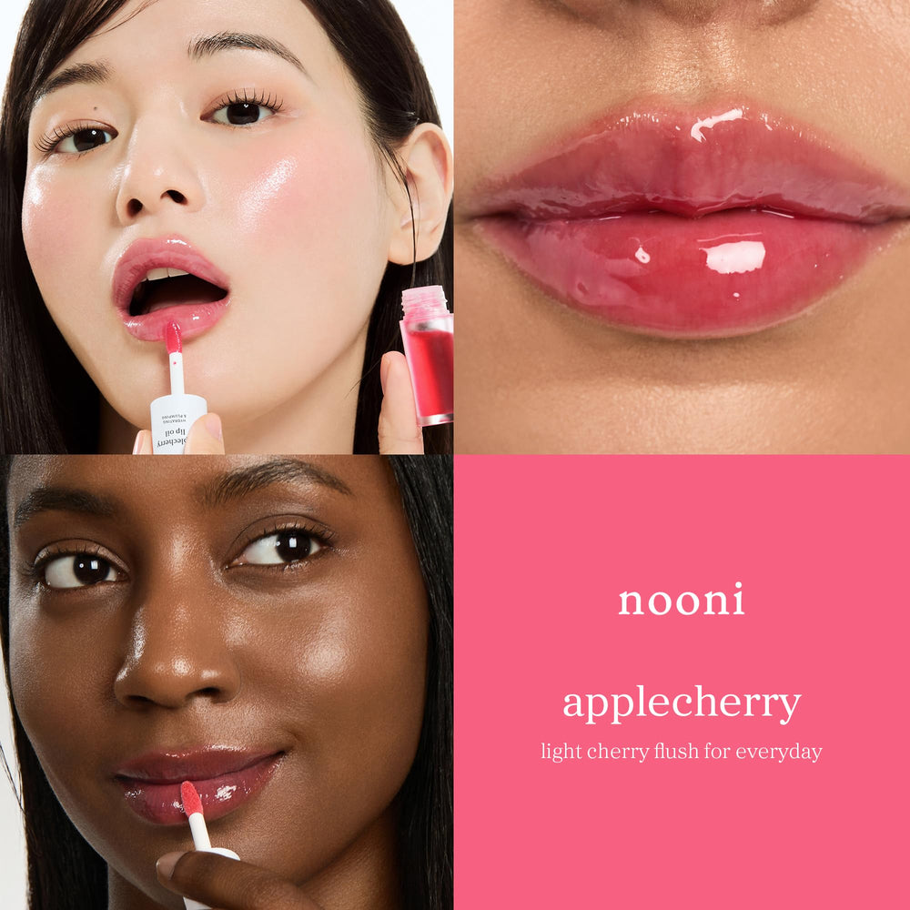 NOONI Applecherry lip swatch on model showing tint and natural plumping effect