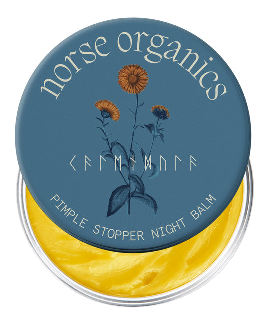 Norse Organics jar front view shows balm packaging and clear benefits
