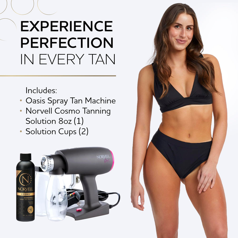 Norvell gun in hand applying spray tan demonstrating salon-quality coverage control