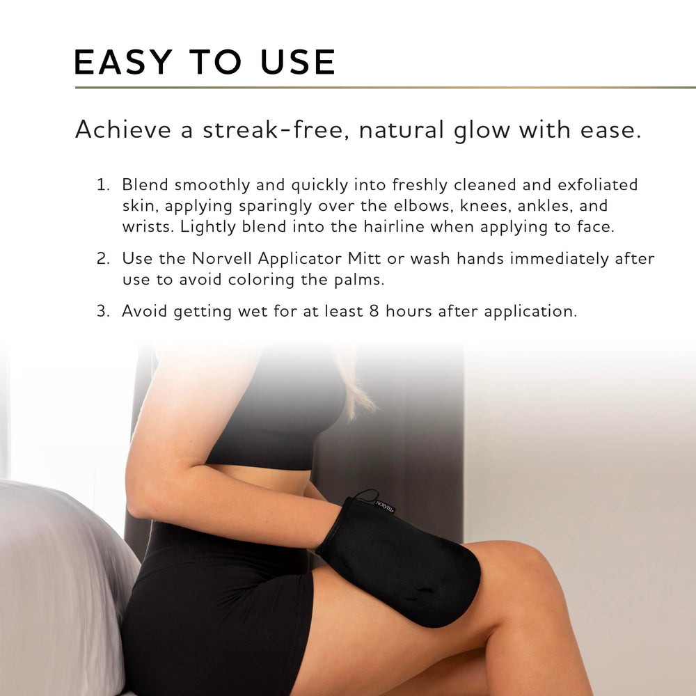 Norvell full-body lifestyle image showing even bronzed glow outcome