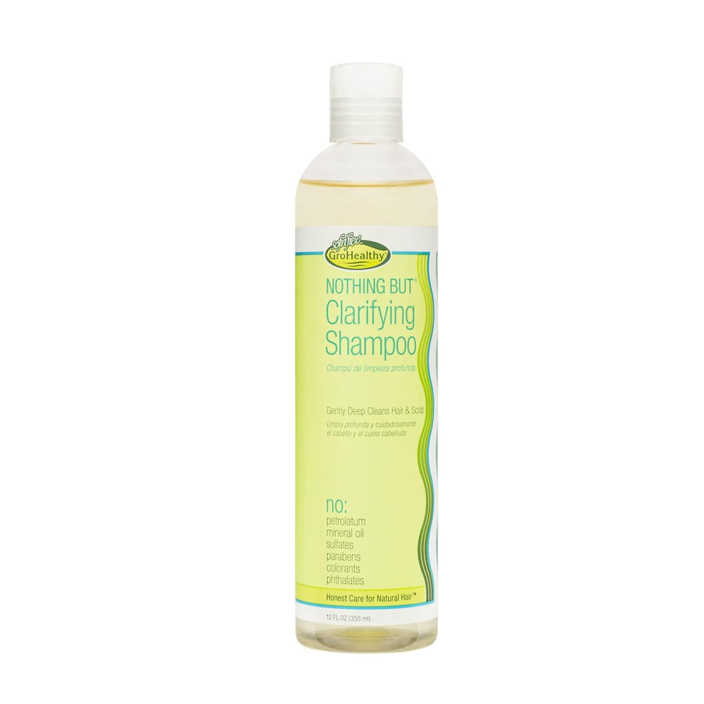 NOTHING BUT clarifying shampoo front view showing 12oz bottle and clear packaging benefit: clear, honest presentation