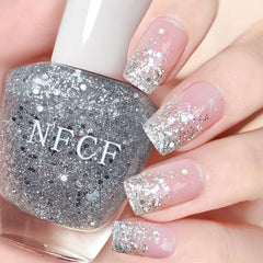 NovaCharm front bottle view showing silver glitter and clear gel for instant sparkle