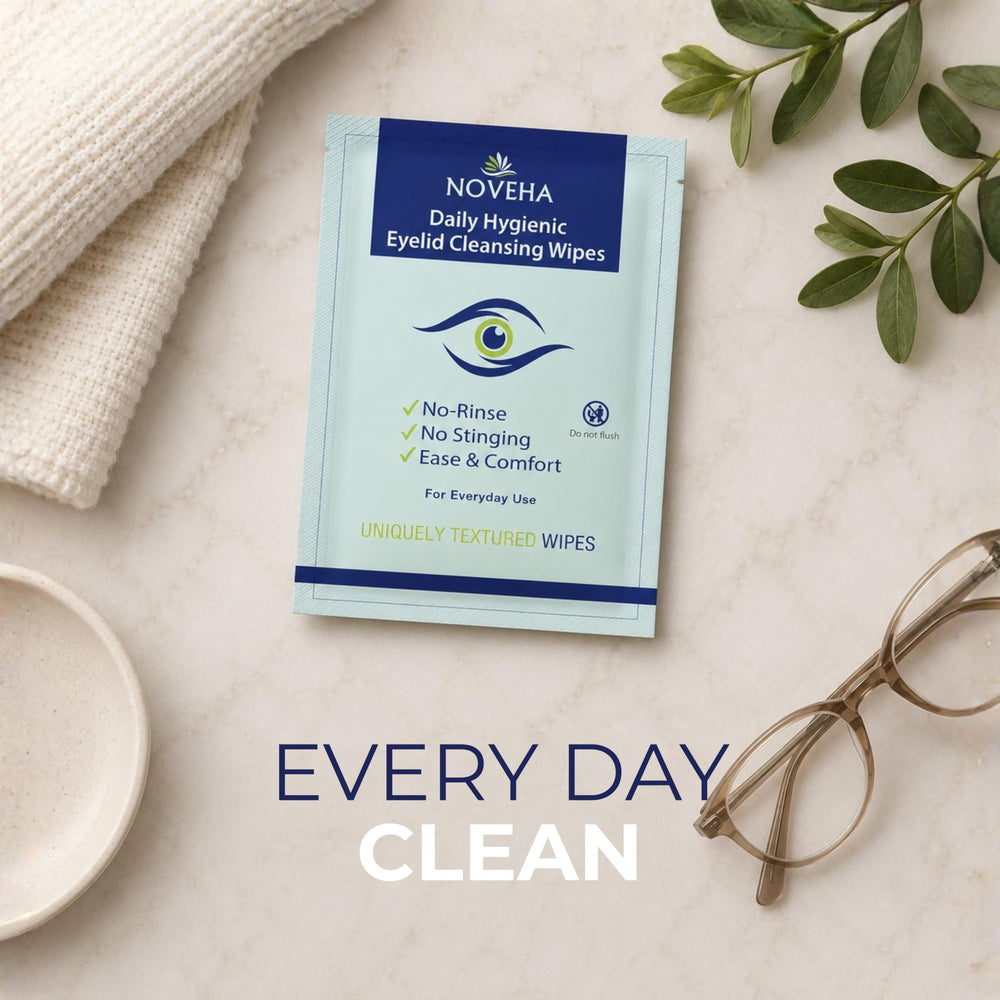NOVEHA label close-up highlighting hypoallergenic, alcohol-free formula benefits