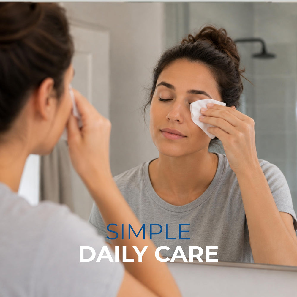 NOVEHA wipe used on eyelid of model demonstrating gentle cleansing